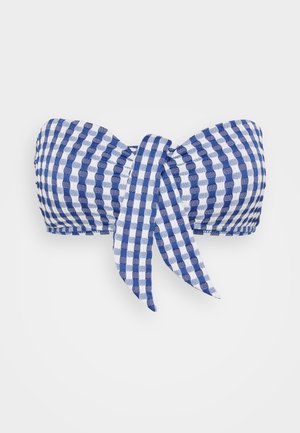 Zila un balta vītne ar pārbaudēm, bandeau bikini augšdaļa, kurai centrā ir saišu elements un teksturēta auduma ar rūtainiem rakstiem.