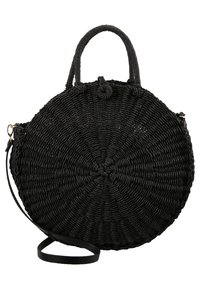 Svart rund handväska i vävt material med strukturerad yta. Har två topphandtag och ett avtagbart axelband.