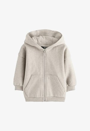 Lyse beige børne-lynlås-hoodie med frontlommer, ribstrikkede manchetter og fastmonteret hætte, vist på hvid baggrund.