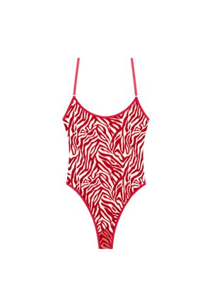 Rood-wit zebra-print badpak met dunne bandjes en een hoge beenlijn, gemaakt van rekbaar materiaal met een gladde textuur.