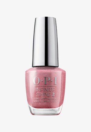 Lakier do paznokci O.P.I. Infinite Shine 2 w migotliwym, jasnoróżowym odcieniu, zapakowany w kwadratową, szklaną butelkę z elegancką czarną zakrętką.