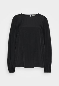 Blusa preta de mangas longas com um padrão de pontos texturizados, corte relaxado e mangas franzidas. Decote redondo. Tecido suave e leve brilho.