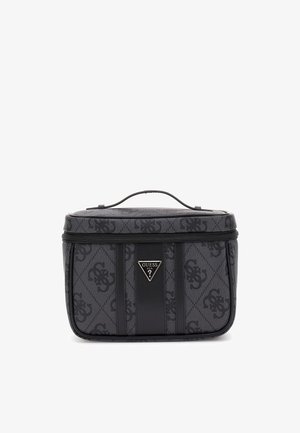 Trousse de maquillage noire et grise en tissu texturé, avec un logo triangulaire, une fermeture éclair et une poignée sur le dessus.
