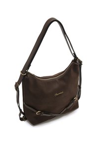 Borsa a mano in pelle marrone con forma curva, chiusura con zip, manico corto e tracolla lunga regolabile. Presenta un dettaglio in logo dorato.