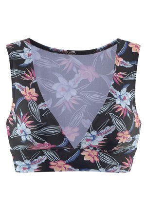 Schwarzer Blumenspitzen-Bralette mit V-Ausschnitt, das mehrfarbige Blumenmuster und ein leicht transparentes Rückenteil für zusätzliche Details aufweist.