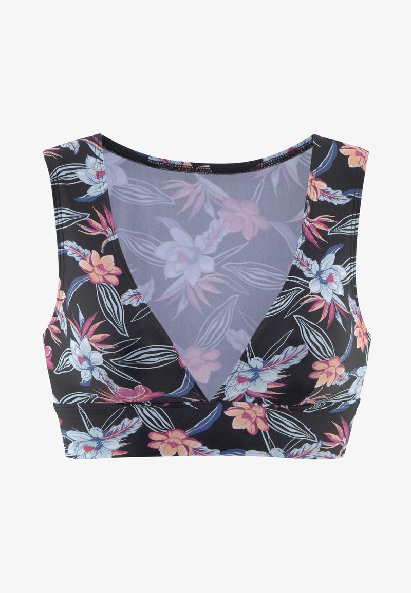 Zwarte bloemen-bh met een v-halsontwerp, voorzien van meerkleurige bloemenpatronen en een doorzichtig achterpaneel voor extra detail.