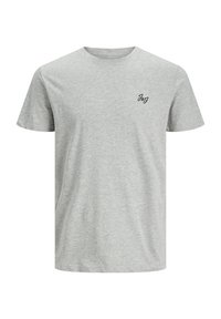 Hellgraues Kurzarm-T-Shirt aus Baumwollmischung, mit einem kleinen schwarzen gedruckten Logo auf der linken Brustseite. Rundhalsausschnitt-Design.