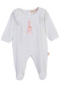 Body bianco per neonati con maniche lunghe, caratterizzato da spalline arricciate e una grafica di una giraffa rosa con il testo "Sophie la girafe" sottostante.