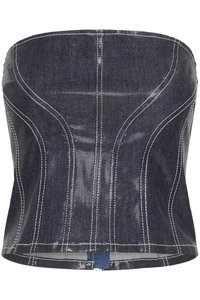 Top in denim senza spalline di colore blu scuro con cuciture bianche, caratterizzato da una forma aderente e cuciture curve. Orlo dritto e senza chiusure visibili.