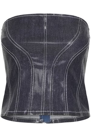Denim strapless topp i mørkeblått med hvite sømmer, med en kroppsnær fasong og buede sømmer. Rett kant og ingen synlige lukkinger.