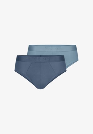 Set van twee slips in lichtblauw en donkerblauw, gemaakt van gladde stof. Voorzien van een tailleband met logo in reliëf en een klassiek ontwerp.