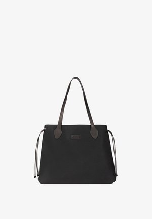 Black tote bag with long dark handles, side drawstring details, and a small rectangular logo patch on the front center.