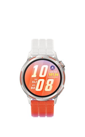 Smartwatch with round silver frame, white and orange woven strap, displaying time 10:08 and weekly running distance 101.56 kilometers on orange background.