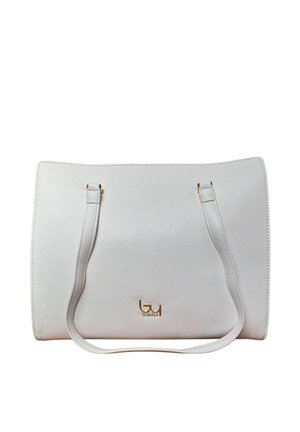 Borsa a mano in pelle bianca con trama, con due manici e piccolo logo dorato centrato vicino al bordo inferiore su sfondo bianco.