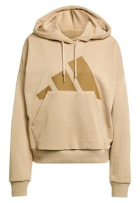 Felpa con cappuccio beige, dotata di una grande tasca frontale e di un logo geometrico marrone sul petto.