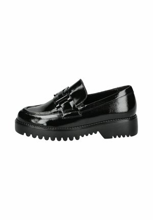 Mocassin en cuir verni noir avec semelle épaisse à stries et détail décoratif à boucle sur la tige, présenté de profil.