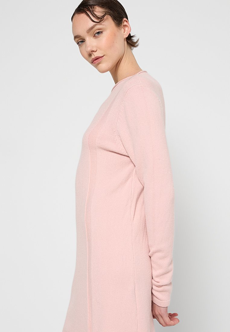Helles rosa, langärmliges Kleid aus weichem Stoff. Es hat ein figurschmeichelndes Design mit dezenten Nahtdetails entlang der Seiten.