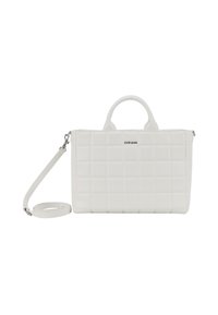 Borsa a tracolla bianca trapuntata con manici doppi, spallaccio rimovibile e sottili dettagli in metallo. Texture liscia, forma rettangolare.