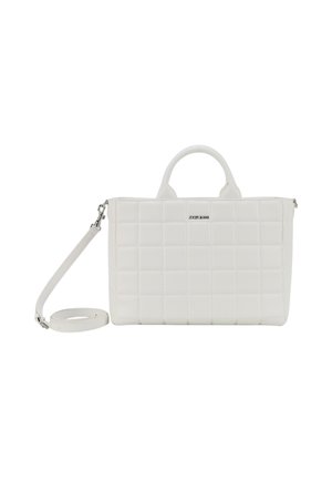White quilted handbag with dual handles, detachable shoulder strap, and subtle hardware accents. Smooth texture, rectangular shape.