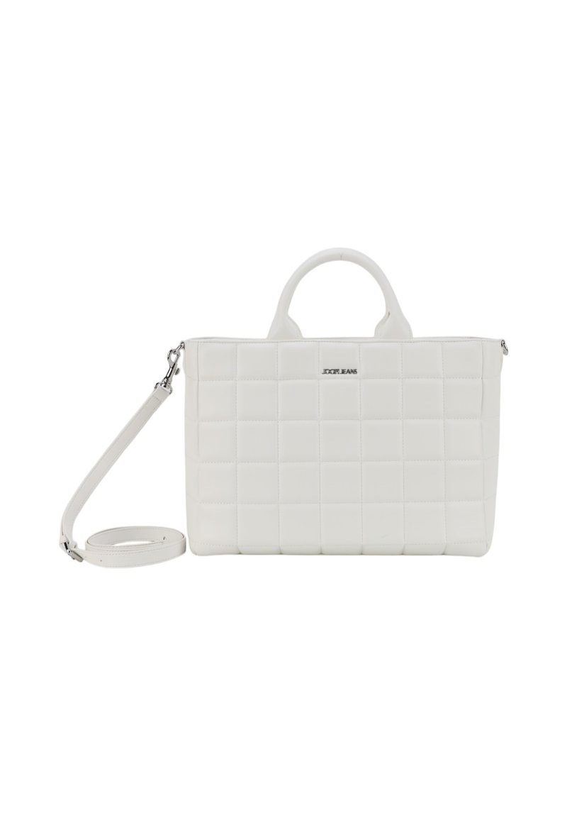 Borsa a tracolla bianca trapuntata con manici doppi, spallaccio rimovibile e sottili dettagli in metallo. Texture liscia, forma rettangolare.