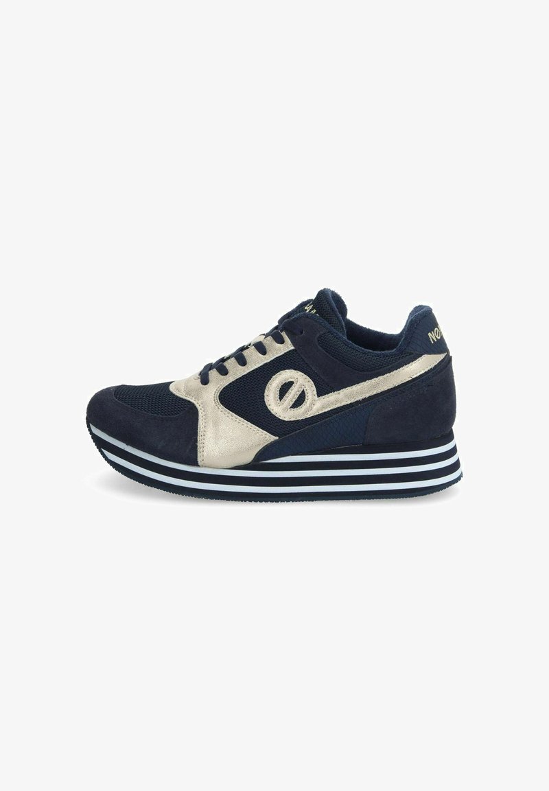 Navy sneakers with suede and mesh materials, featuring a metallic gold accent, a round logo, and a striped rubber sole.