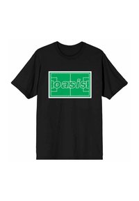 Black cotton t-shirt featuring a green graphic print with the word "oasis" and a rectangular border, designed to resemble a soccer field.