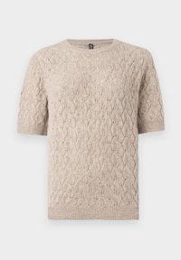 Pull tricoté beige à manches courtes avec un motif ajouré en forme de feuilles et des poignets et un ourlet côtelés.