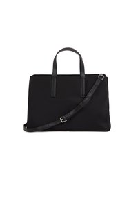 Borsa a tracolla nera in nylon con due manici superiori e una tracolla regolabile e removibile. Presenta una texture liscia e una chiusura con zip.