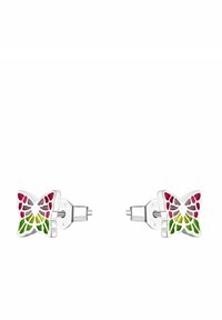 Orecchini a chiodo in argento a forma di farfalle con motivi in smalto rosso, rosa e verde sulle ali, mostrati su uno sfondo bianco.