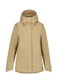 Beige wasserdichte Jacke mit hohem Kragen und abnehmbarer Kapuze, ausgestattet mit silbernem Zubehör und einem schlanken, modernen Design.