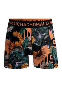 Férfi boxeralsó fekete, narancssárga és zöld virágmintával, amelyen leopárdok és napraforgók láthatók; rugalmas derékpánt, amelyen a "MUCHACHO MALO" felirat olvasható.