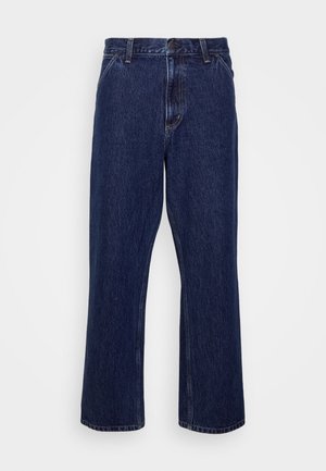 Dark blue denim jeans with a straight-leg design, featuring a button closure, five-pocket style, and subtle stitching details.