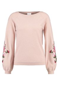 Hellrosa Pullover mit bestickten Blumenmustern auf den Ärmeln, rundem Ausschnitt und gerippten Bündchen. Weiche Textur und lockere Passform.