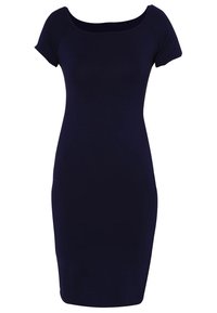 Navy blue napitettud lelaga mida on valmistatud elastse kangaga, lühikeste varrukatega ja laia ümmarguse kaelusega. Sile tekstuur, põlvepikkune disain.