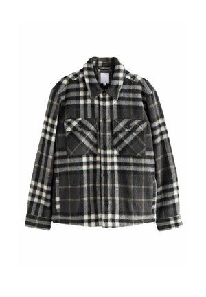 Plaid flannel jacket in dark gray and white, featuring two chest pockets, button closure, and a classic collar design.