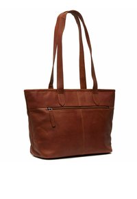Borsa a tracolla in pelle marrone con due manici robusti, una tasca esterna con zip e linee pulite. Texture liscia con dettagli di cucitura minimi.