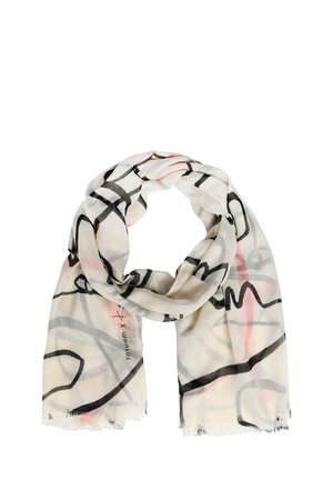 Jasnobeżowy szalik z abstrakcyjnymi czarnymi i różowymi wzorami przypominającymi pociągnięcia pędzla, wykonany z miękkiej tkaniny, z postrzępionymi brzegami, luźno ułożony w pętlę.