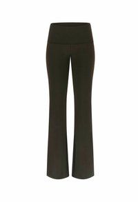 Pantalon de yoga noir taille haute avec jambes larges et tissu lisse et extensible, présenté sur fond blanc.