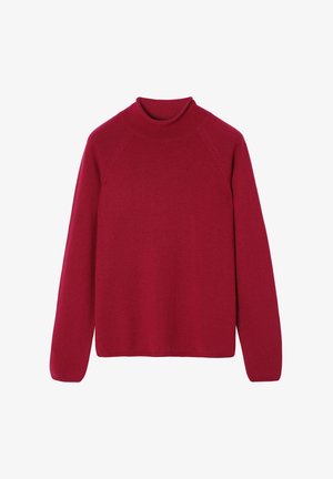 Suéter rojo con cuello alto, mangas largas raglán y una textura suave. Diseño simple, sin patrones ni detalles metálicos.
