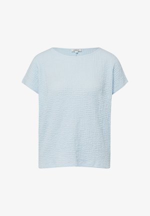 Lichtblauw kortärmlig textuur shirt met een ronde halslijn en een losse pasvorm.