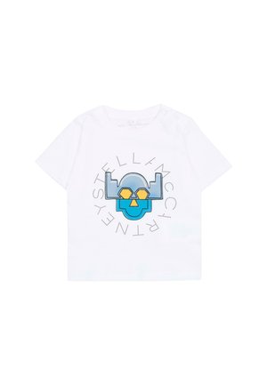 Camicia bianca a maniche corte con design geometrico di teschio blu e giallo e "Stella McCartney" scritto in un cerchio tratteggiato intorno.
