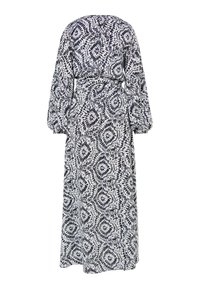 Rochie lungă cu mâneci complete, într-un model floral albastru și alb, cu talie încinsă și o siluetă fluidă, realizată dintr-un material ușor.