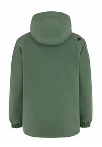 Veste à capuche verte avec des poignets élastiques et une texture lisse et mate. Présente un détail de logo en haut à gauche au dos. Design simple sans motifs.