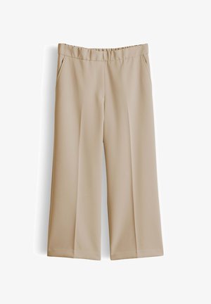 Beige Weitbein-Hosen mit elastischem Bund und Seitentaschen, maßgeschneiderten Vordernähten und geraden Säumen.