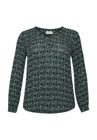 Blouse à manches longues en vert foncé avec un motif floral. Design en V, tissu léger, avec des accents bleus et crème.