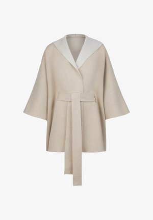 Beige Wickelmantel mit einem breiten, Fischgrätenmuster-Kragen. Verfügt über einen Binde-Gürtel und lässige Ärmel, aus weichem Stoff gefertigt.