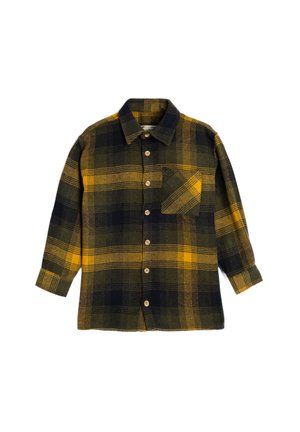 Camicia di flanella a quadri con combinazione di colori verde, blu navy e giallo, apertura con bottoni, colletto e una singola tasca sul petto.
