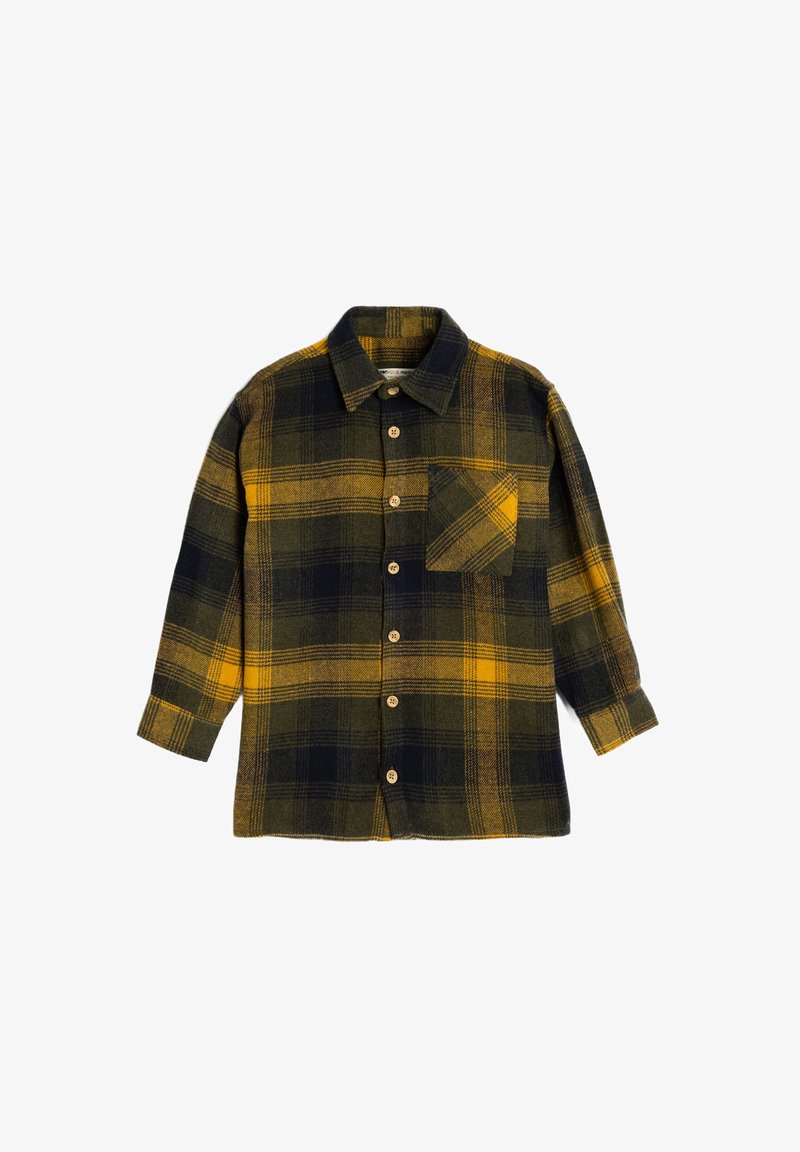 Rutig flanellskjorta med en färgskala av grön, marinblå och gul, knäppning fram, krage och en enda bröstficka.