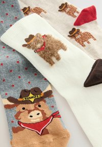 Trois paires de chaussettes colorées à motifs : gris avec des pois rouges, beige avec des motifs d'ours et blanc avec un design d'ours duveteux. En matériau mélangé coton.