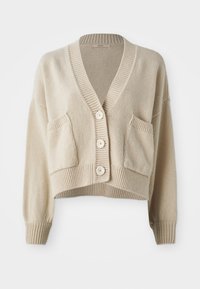 Beige cropped cardigan made of soft material, featuring a V-neck, four large buttons, and two front pockets with ribbed cuffs and hem.